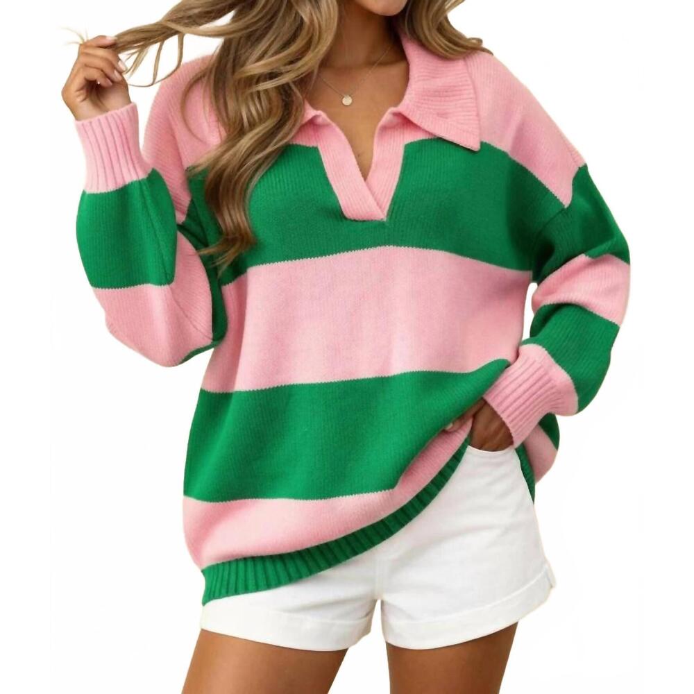 NEW HAPTICS varsity stripe colorblock sweater in pink
